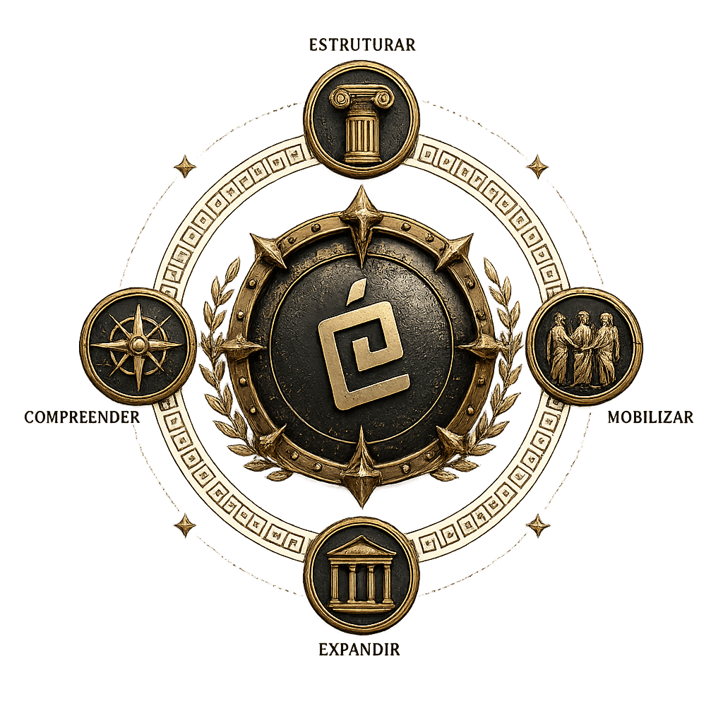 Emblema da Estrutura Égide: um escudo central com os quatro pilares do método — Compreender, Estruturar, Mobilizar e Expandir — dispostos ao redor.